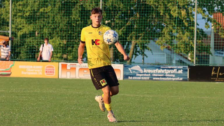 Ein Fußballspieler in einem gelben Trikot läuft und tritt einen Ball auf einem grünen Feld mit Bäumen und Werbung im Hintergrund.