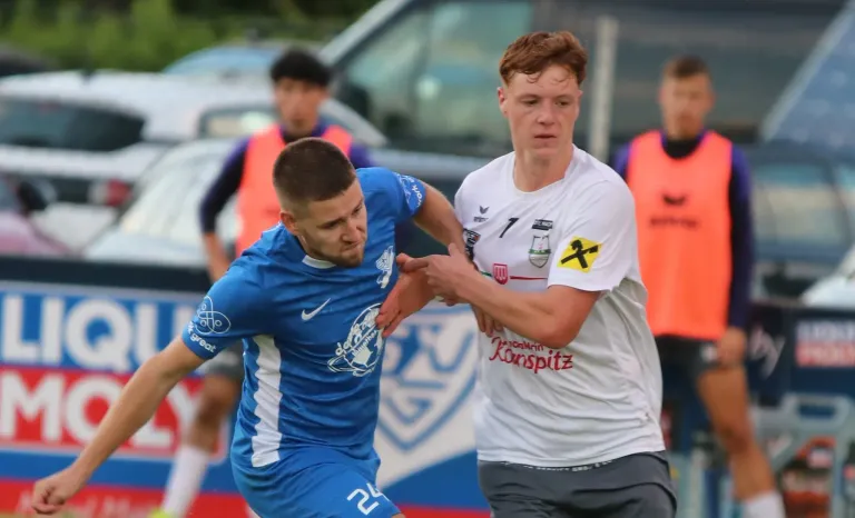 Zwei Fußballspieler in Trikots ringen während eines Spiels. Ein Spieler trägt ein blaues Trikot, der andere ein weißes. Sie sind von verschwommenen Figuren umgeben.