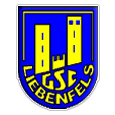 Das Bild zeigt einen Schild mit 'Be LGSE' in gelber Schrift über 'LIEBENFELS' in Blau. Der Schild ist blau mit einem roten Rand.