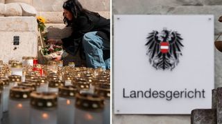 Eine Frau legt Blumen an ein Denkmal mit vielen brennenden Kerzen. In der Nähe steht ein Schild mit der Aufschrift 'Landesgericht'.