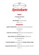 Die Speisekarte bietet verschiedene Gerichte an, darunter Cremesuppe nach Saison für 5,60 Euro, Rindsuppe mit Kräutern für 4,20 Euro und mehrere Hauptgerichte wie Wolfsbarschfilet, Cordon bleu und Wiener walhweise, jeweils zum Preis von 17,50, 15,50 und 13,80 Euro. Zusätzliche Optionen umfassen einen gemischten Salat und Spinatnockerln.
