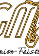 Das Bild zeigt den Text 'GM' und 'Internion-Feistriitt' mit einer Saxophon-Silhouette in Gelb und Schwarz auf weißem Hintergrund.