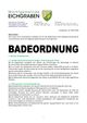 Das Bild zeigt ein Dokument mit dem Titel 'BADEORDOUNG', das Informationen über die Badeordnung enthält. Es umfasst Details zu den Verpflichtungen des Badehauses, der Nutzung der Einrichtungen, den Öffnungszeiten und Einschränkungen für den Eintritt. Das Dokument ist auf den 18.05.2020 datiert.