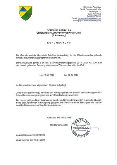 Der Gemeinderat der Gemeinde Aderklaa plant, das geltende örtliche Rauchverbotsprogramm zu ändern. Der Entwurf ist sechs Wochen lang zur öffentlichen Einsicht offen. Die endgültige Entscheidung fällt am 12.04.2022.