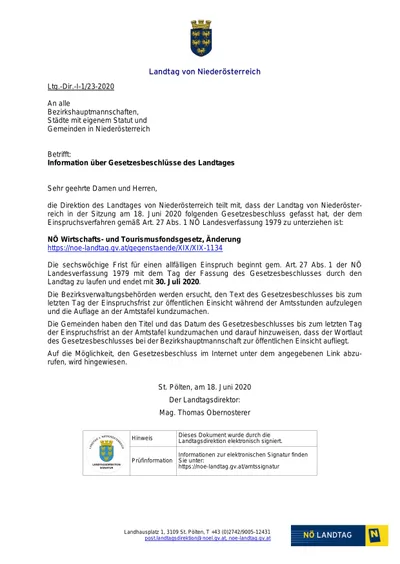 Das Dokument informiert, dass der Landtag von Niederösterreich am 18. Juni 2020 einen Gesetzesbeschluss gefasst hat. Der Beschluss ist online verfügbar und die Informationen zur elektronischen Signatur finden Sie unter dem angegebenen Link.