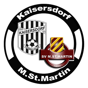 Das kreisförmige Logo zeigt oben 'Kaisersdorf' mit einem Fußball und gestreiftem Muster. Darunter ist 'SV M. St. Martin' in einem roten und gelben Streifendesign zu sehen.