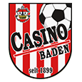 Das Emblem für Casino Baden zeigt einen Fußball und einen rot-weiß gestreiften Hintergrund. Der Name 'Casino Baden' ist prominent angezeigt, und das Datum 'seit 1899' ist einbezogen.