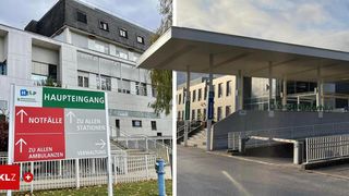 Zwei Bilder eines Gebäudes. Das erste Bild zeigt ein Schild, das auf alle Stationen hinweist. Das zweite Bild zeigt einen Gebäudeeingang mit Treppen und einem Vordach.