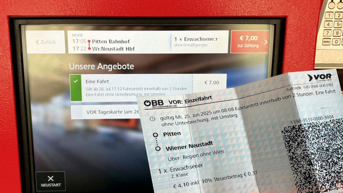Ein Bildschirm zeigt ein Bahnticket von Pitten Bahnhof nach Wiener Neustadt an. Der Preis beträgt 7,00 € für eine einfache Fahrt. Das Ticket ist gültig für die Reise am 25. Juni 2025.