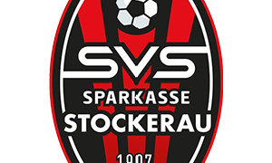 Das Logo des SVS Sparkasse Stockerau, einem 1907 gegründeten Fußballverein, zeigt einen Fußball in der Mitte und rote und schwarze Streifen.
