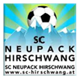 Ein Fußball befindet sich auf einem Berggipfel, wobei die Worte 'SC Neupack Hirschwang' deutlich zu sehen sind. Das Logo zeigt einen farbenfrohen Hintergrund mit Lichtstrahlen und einer Website-Adresse.