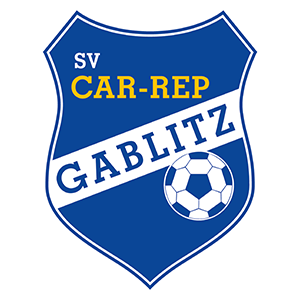 Ein Fußballteam-Logo mit dem Namen SV CAR-REP GABLITZ in Gelb auf einem blauen Schild, mit einem Fußball in der Mitte.