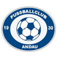 The blue and white logo features a soccer ball with the words 'Fussballclub Andau' and the numbers '19' and '30'. The soccer ball is in the center with a white circle around it.