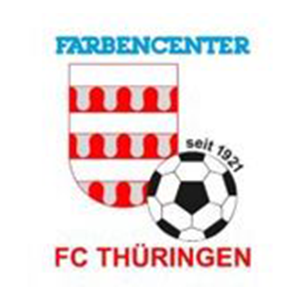 Logo des FC Thuringen, ein im Jahr 1921 gegründeter Fußeballverein, mit einem Wappen aus roten und weißen Streifen und einem Fußeball.