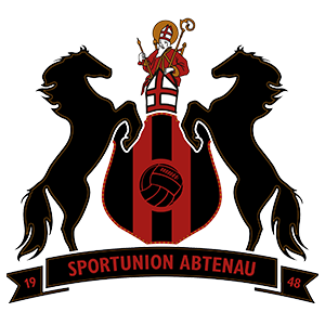 Das Logo der Sportunion Abtenau zeigt einen Schild mit einem roten und schwarzen Streifen, einem Löwen und einem Volleyball. Der Schild wird von zwei Löwen gehalten, und darüber steht eine Figur eines Heiligen mit einem Stab. Die Zahlen 19 und 48 befinden sich unten.