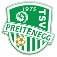Das Logo des Preitenegg Fußballvereins, gegründet 1975, zeigt ein Schilddesign mit einem Fußball und einem Drachen in der Mitte, alles in Grün und Weiß.