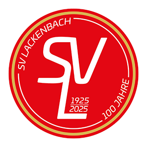 Ein rotes kreisförmiges Logo mit weißem Text, der 'SV Lackenbach 1925 2025' und unten '1000 Jahre' besagt, umgeben von einem goldenen Rand.