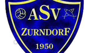 Das ASV Zurndorf-Wappen zeigt einen blauen Schild mit gelbem Rand, auf dem die Worte ASV Zurndorf und das Jahr 1950 stehen. Ein Volleyball und ein stilisierter Fisch sind enthalten.