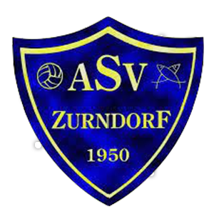 The ASV Zurndorf emblem features a blue shield with a yellow border, displaying the words ASV Zurndorf and the year 1950. A volleyball and a stylized fish are included.