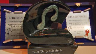 Ein schwarzer Pokal mit einer grünen Kurve steht auf einer Holzbasis. Die Inschrift lautet 'Der Burgenlandische 2005'. Dahinter zeigt ein weißes Schild den Text 'EHRENPREIS des LANDESHAUPTMANN'. Der Hintergrund ist unscharf.
