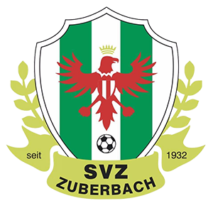 Das Emblem des SVZ Zuberbach Fußballvereins, gegründet 1932, zeigt einen grün-weißen Schild mit einem roten Adler und einem Fußball. Lorbeerkränze flankieren den Schild.