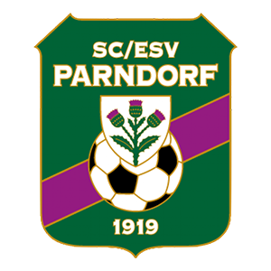 The logo of SC/ESV Parndorf, established in 1919, features a soccer ball, a thistle, and a shield. The thistle is green and white, and the soccer ball is black and white. The shield is green with a yellow border.