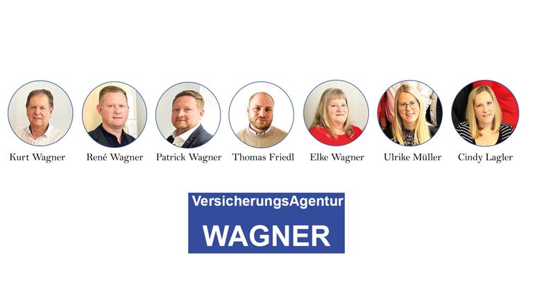 Fünf Personen sind im Kreis dargestellt, wahrscheinlich das Team von VersicherungsAgentur Wagner. Jeder Person steht ein Name unter ihr. Das Logo ist blau mit weißem Text.