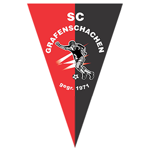 Ein dreieckiges Banner mit einem aktiven Fußballspieler, der Text lautet 'GRAFENSCHACHCHEN' und 'gegr. 1971' auf schwarzem Hintergrund.