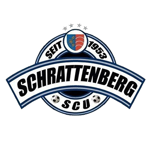 Das Logo des Schrattenberg SCU zeigt ein blaues Band mit weißem Text 'Schrattenberg' und 'SCU'. Darunter ist ein Schild mit einem Stern und dem Jahr '1953'. Unten sind zwei Fußballbälle platziert.