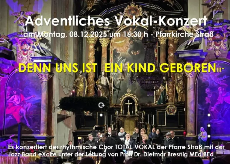 Die Werbung für ein adventliches Chorkonzert am 8. Dezember 2025 um 16:30 Uhr in einer Kirche. Es zeigt einen Chor unter der Leitung von Prof. Dr. Dietmar Bresnig.