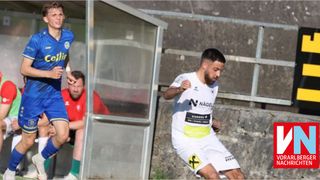 Two soccer players in blue and white uniforms are running. One has a logo on his shirt. A man in a red shirt watches from behind.