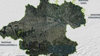 A map highlighting wind turbines across a region, marked with green lines, showing their placement on land.