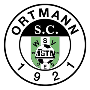 The circular logo of SC Ortmann features a soccer ball with 'ASTA' and '19' in the center. The text 'S.C.' is at the top, '19' is above the ball, and '921' is at the bottom. It is on a black background.