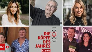 A collage of six people, including two women, two men, and an elderly man, all smiling. The collage is labeled 'Die Kopfe Des Jahres'.