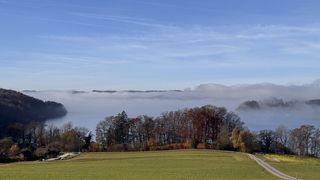 A landscape with a vast green field and trees, under a cloudy sky, with a body of water in the background.