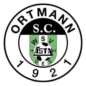 The logo of SC Ortmann features a soccer ball in the center with the numbers 19, 4, 5, 7, 4, 1, and 19 surrounding it. The letters WSV and ASTA are positioned above and below the ball. The text SC Ortmann is written in bold at the top.