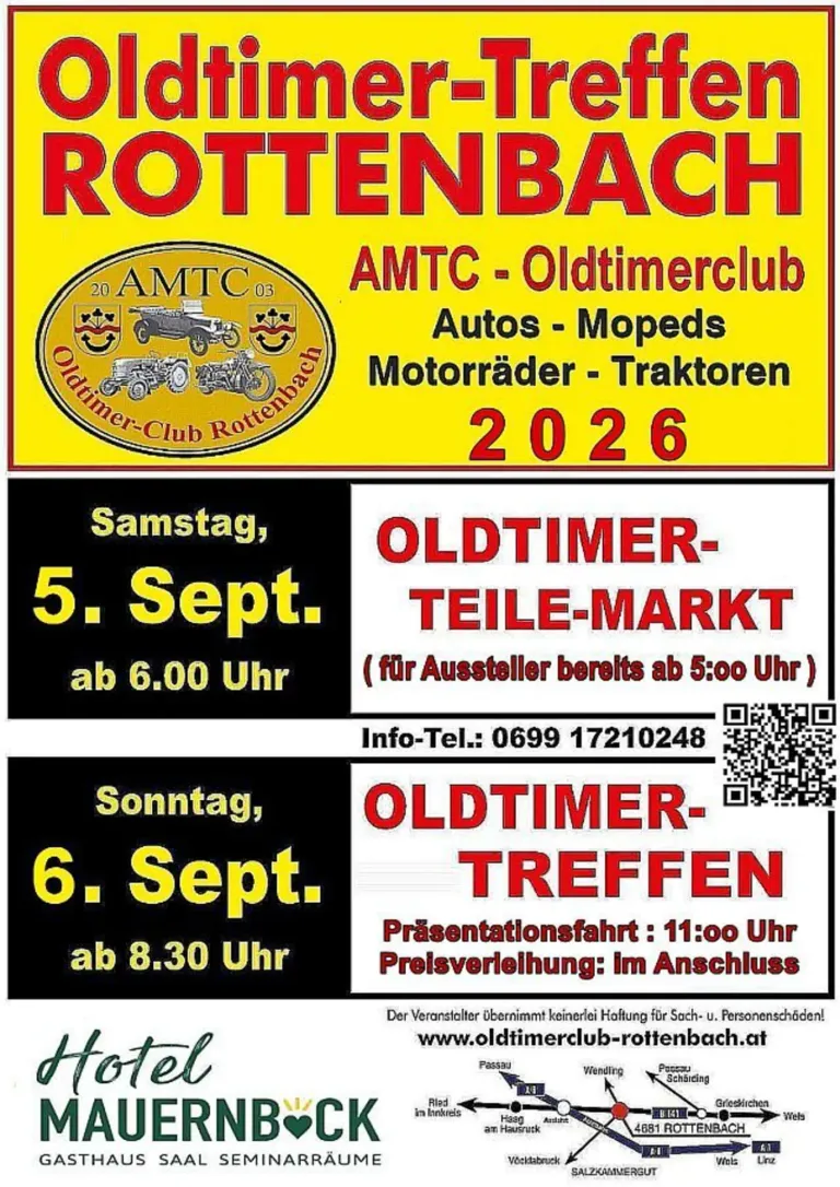 Ein Plakat für die Veranstaltung des AMTC Oldtimer Clubs am 5. und 6. September. Die Veranstaltung umfasst einen Oldtimer-Markt am Samstag ab 6:00 Uhr und ein Oldtimer-Treffen am Sonntag ab 8:30 Uhr.