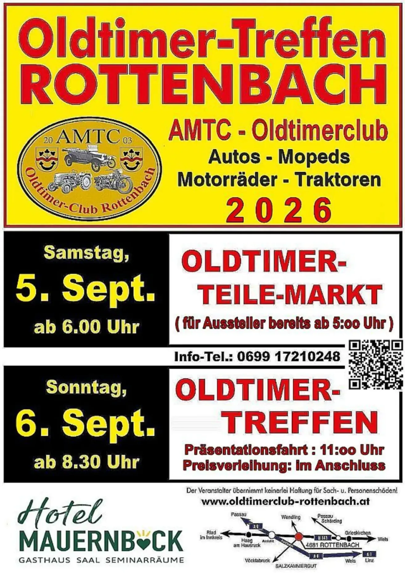 Ein Plakat für die Veranstaltung des AMTC Oldtimer Clubs am 5. und 6. September. Die Veranstaltung umfasst einen Oldtimer-Markt am Samstag ab 6:00 Uhr und ein Oldtimer-Treffen am Sonntag ab 8:30 Uhr.