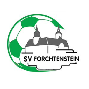 Das SV Forchtenstein Logo zeigt einen Fußball mit einem Schlossbild in der Mitte, umgeben von einem weißen Kreis auf schwarzem Hintergrund.