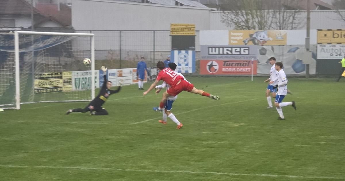 A soccer game in progress, with players in red, blue, and white uniforms. A player in red attempts to score, while the goalkeeper dives to block. Other players stand nearby, watching.