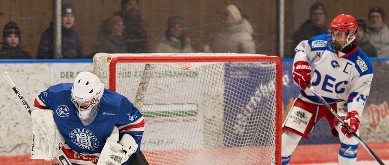 Two hockey players on an ice rink, one defending the goal, another with a hockey stick, spectators in the background.