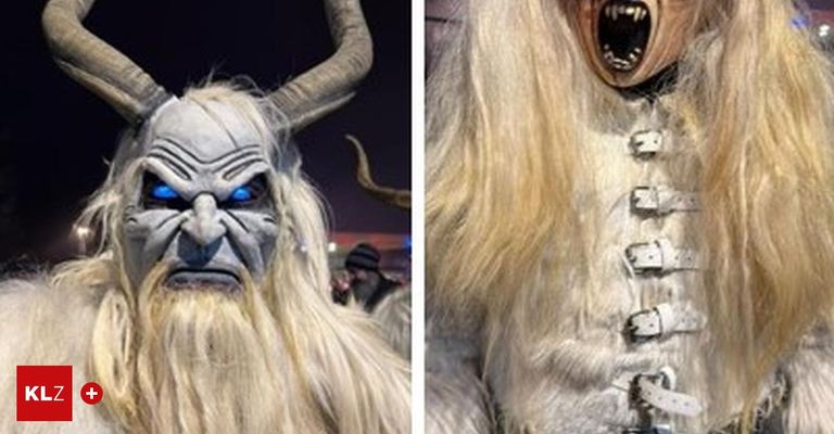 Two images of a creature with long blonde hair, horns, and a mask with blue eyes. The first image shows the creature from the front, and the second image shows the creature's back.