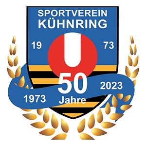 Das Logo des Sportvereins Kuhnring, das sein 50-jähriges Jubiläum im Jahr 2023 feiert. Das Design zeigt einen blau-gelben Schild mit einem roten Kreis, den Zahlen 19 und 73 und dem Text '50 Jahre'.