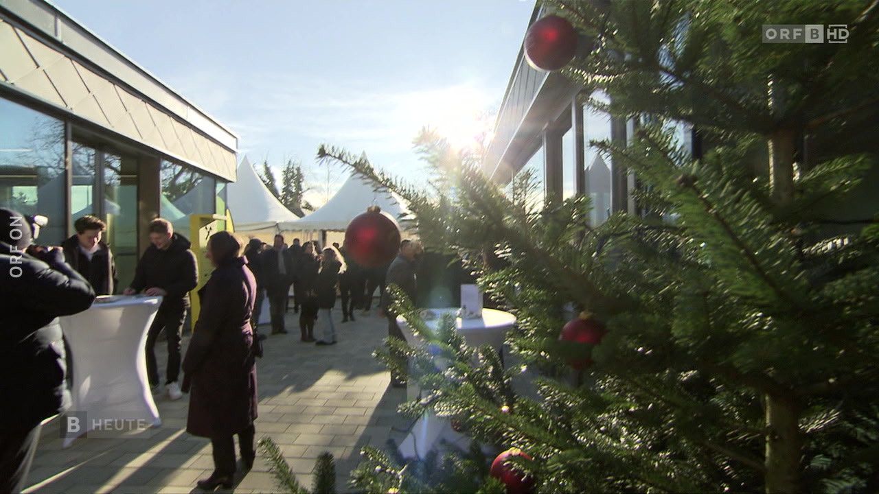 Menschen versammeln sich an einem sonnigen Tag vor einem Gebäude, in der Nähe eines Weihnachtsbaums und weißer Zelte.