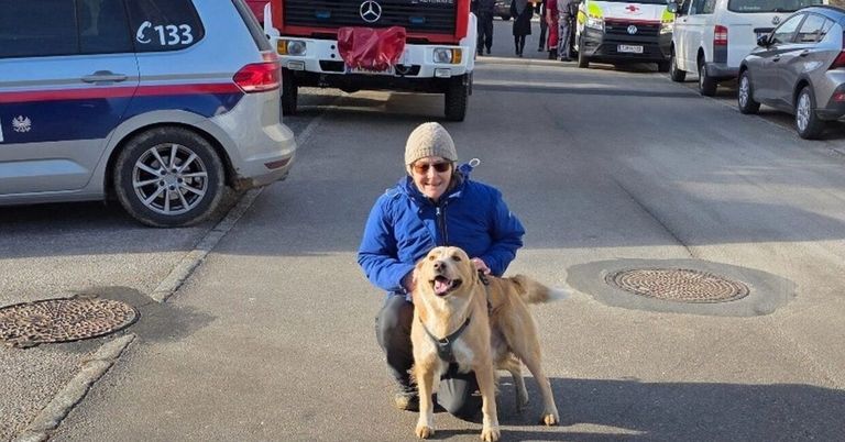 Eine Frau kniet mit einem Golden Retriever in einer Stadtstraße, mit Rettungsfahrzeugen und Menschen im Hintergrund.