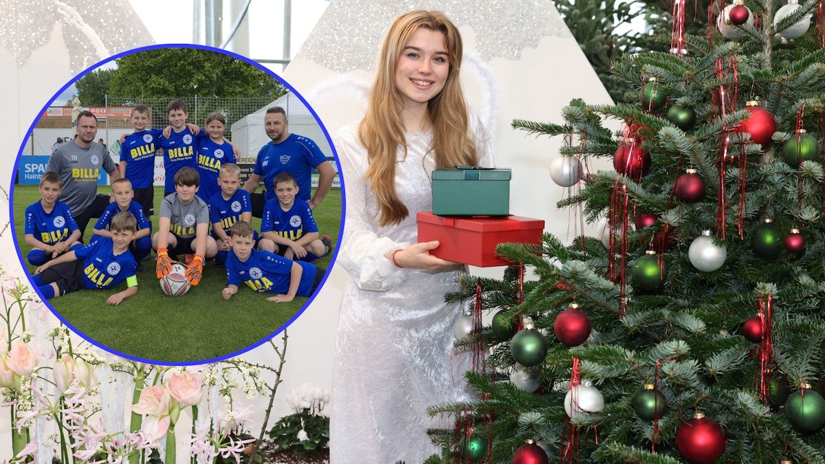 Eine Frau, die als Engel verkleidet ist, steht vor einem Weihnachtsbaum und hält eine rote Box in der Hand. Dahinter zeigt eine Collage eine Fußballmannschaft mit dem Wort 'BILLA' auf ihren Trikots.