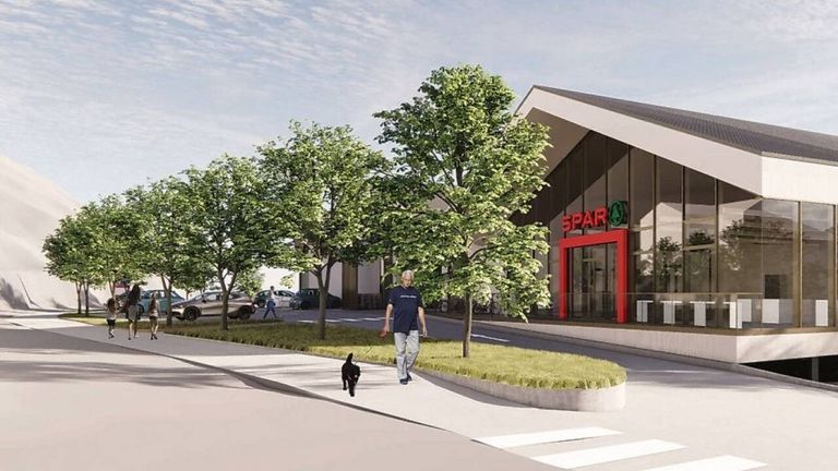 Eine künstlerische Darstellung eines Bürgersteigs mit einem Mann, der seinen schwarzen Hund spazieren führt, mehreren geparkten Autos und einem SPAR-Geschäft im Hintergrund.