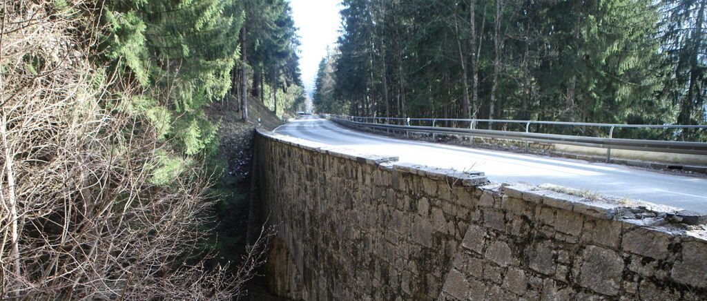 Eine leere Straße, umgeben von Bäumen, biegt nach unten ab, mit einer Steinmauer links und einem Metallgeländer rechts.