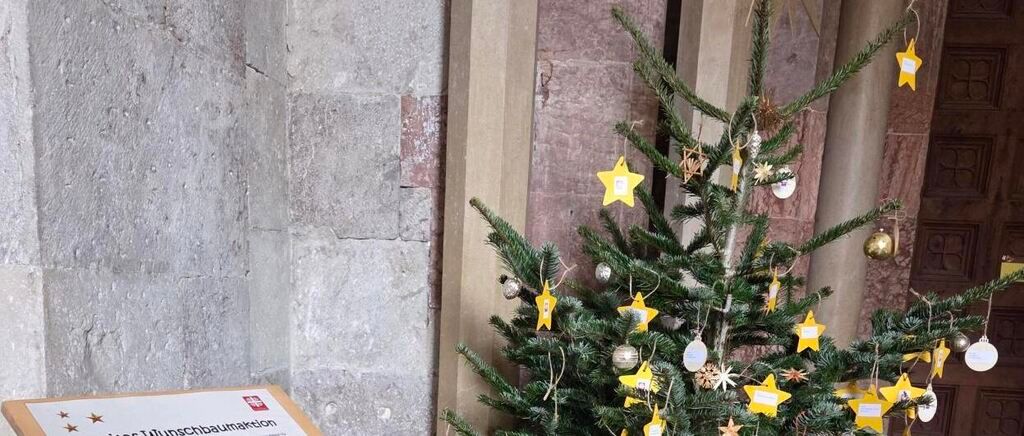 Ein Weihnachtsbaum mit gelben Sternen und Ornamenten steht vor einer Steinmauer. Ein weißes Schild mit Text steht vor dem Baum.