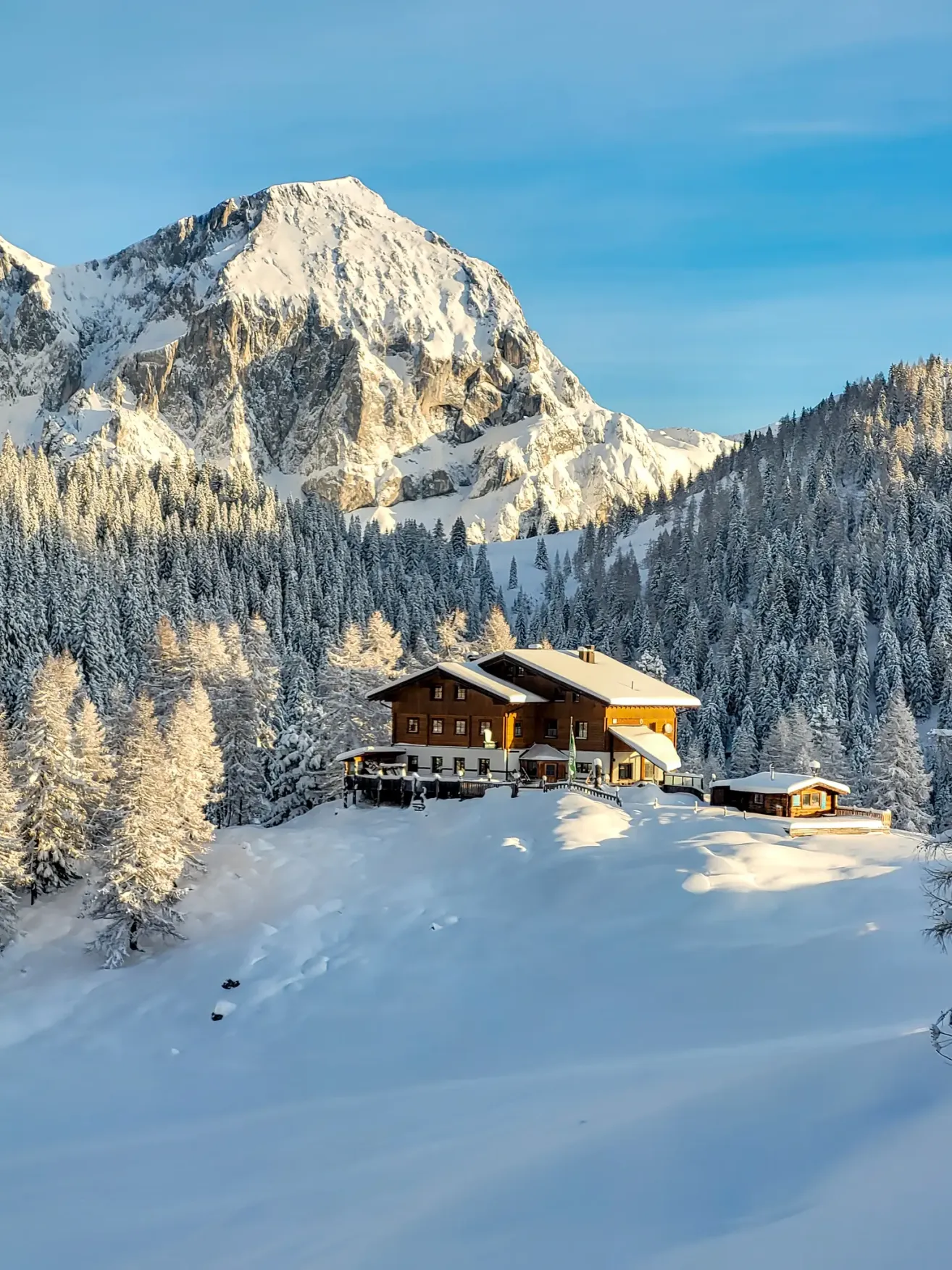 Ein gemütliches Chalet, bedeckt von Schnee, liegt inmitten einer verschneiten Berglandschaft. Hohe Kiefern umgeben das Chalet, und ein größerer schneebedeckter Berg erhebt sich im Hintergrund.